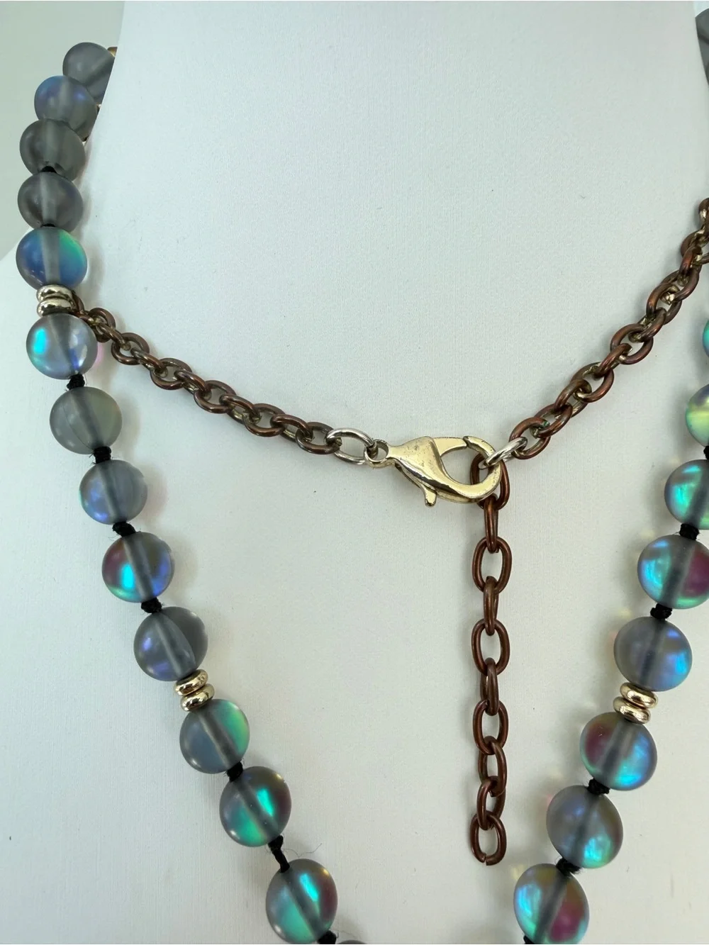 28” gold tone necklace w/ slab/druzy pendant, larvakite, and mermaid glass!